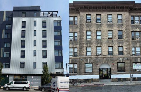 A modern apartment building beside a traditional stone-based building