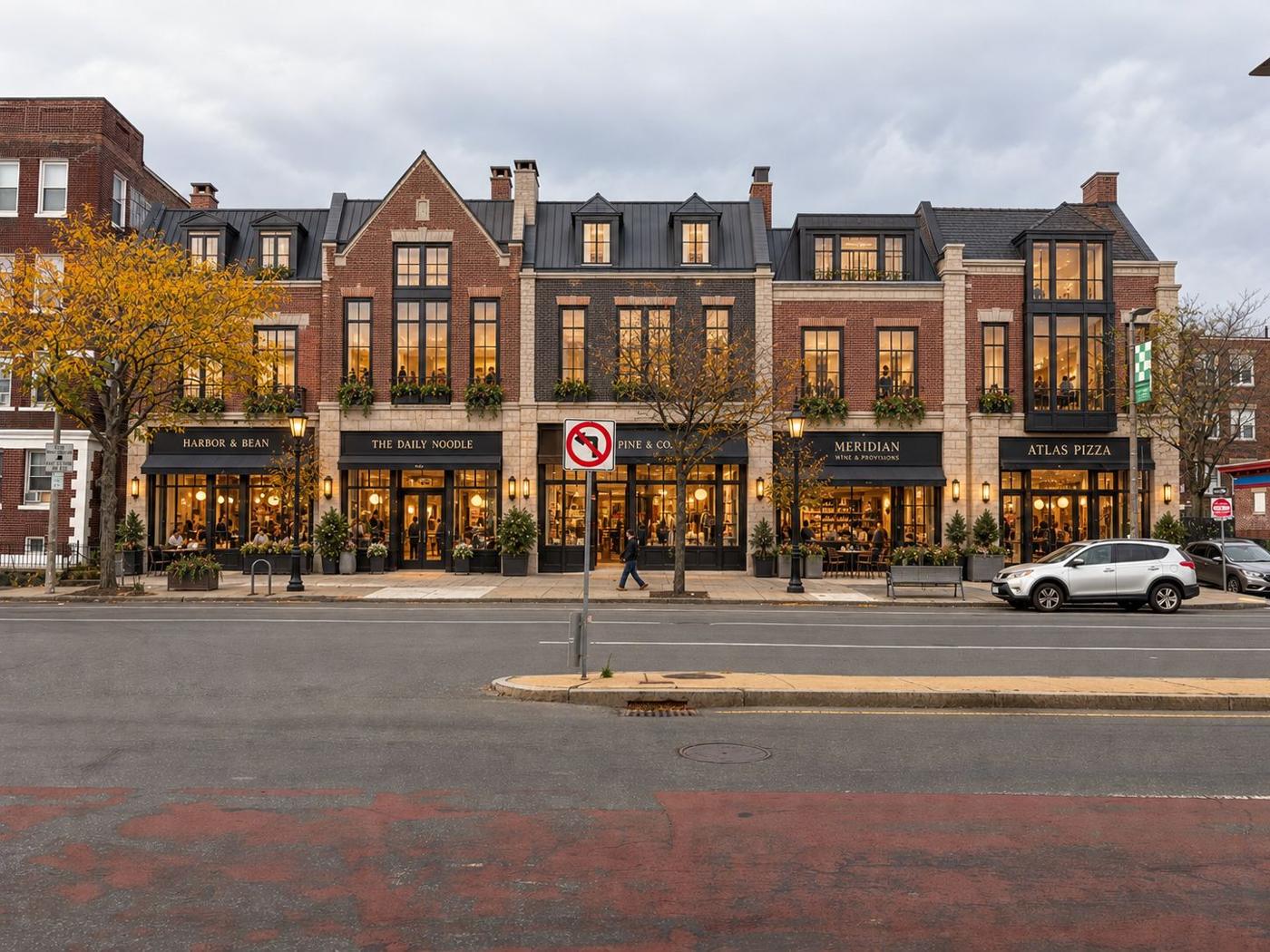 AI-generated concept for Brighton Avenue: Low-rise retail row, variable roof and large bay; about 3 levels