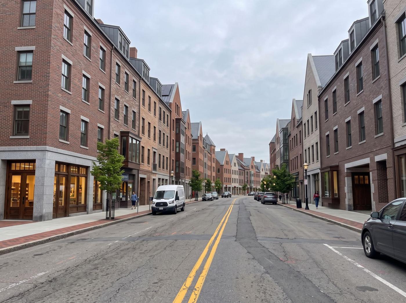 AI-generated concept for Harvard Avenue: Repetitive street walls, restrained bays and dormers; about 4–6 levels